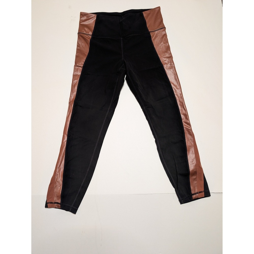 Athleta Womens Black Metallic Copper Bronze Side Panel Leggings Size M Yoga Pant